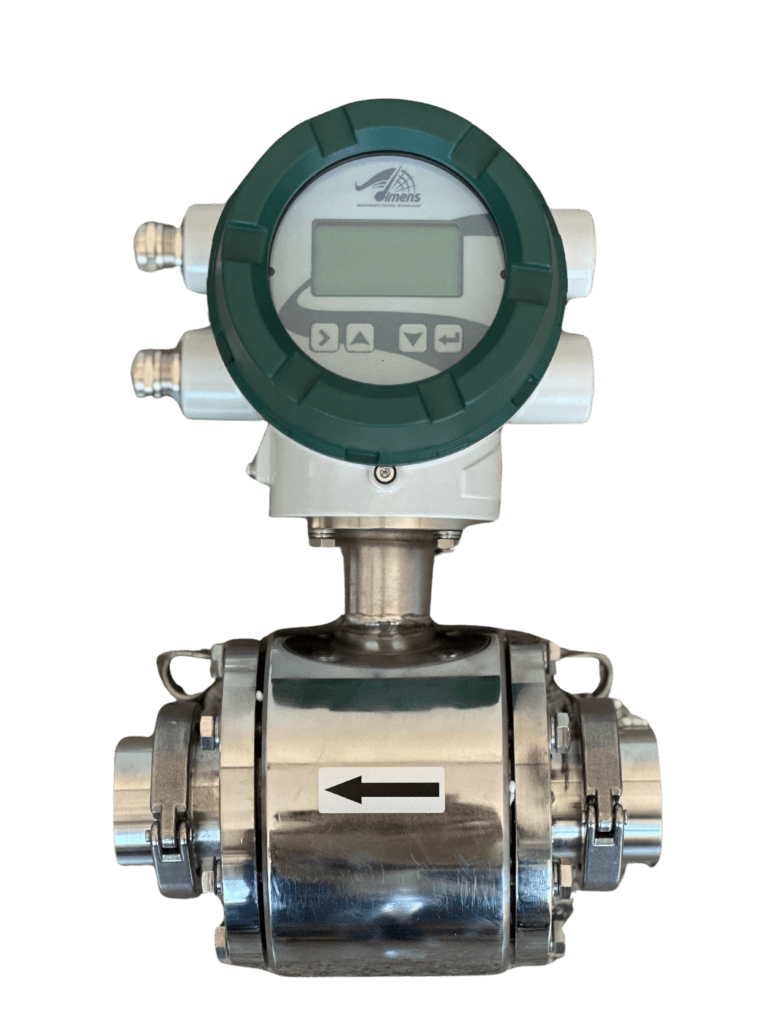 Close-up view of a magnetic flow meter used in industrial processes in India.